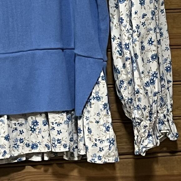 By Anthropologie Flutter Sleeve Layered Sweater Blue Floral Women’s Size 1X Boho - Picture 8 of 14